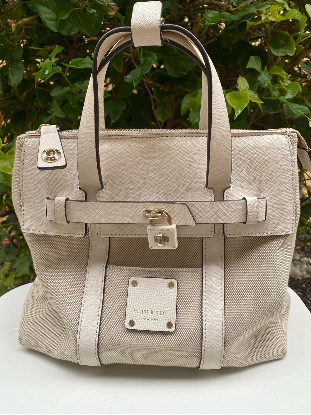 Henri Bendel Cream Satchel with Gold Hardware